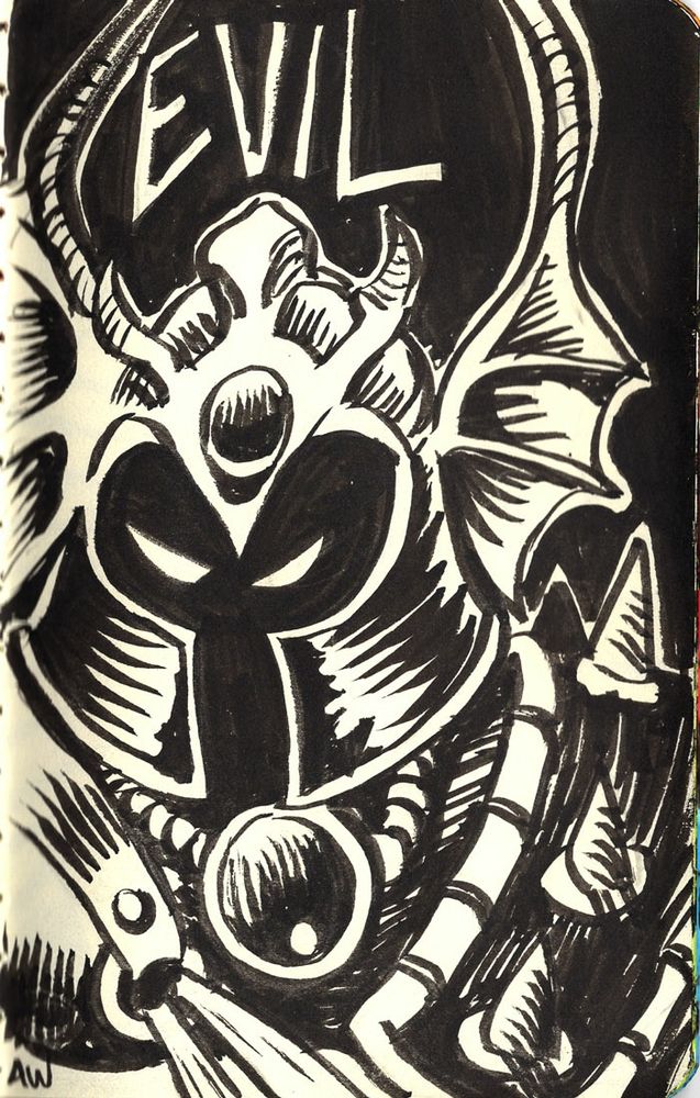 Ink drawing of Warduke, evil fighter. Winged helm, armor