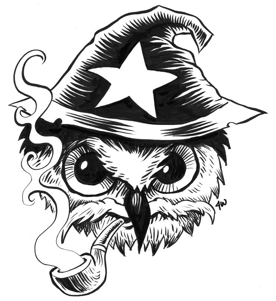 Ink drawing of a pipe smoking owl in a wizard hat. Drew it for Star Hat Miniatures.