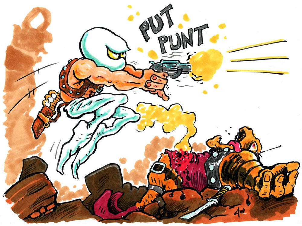 Color drawing, ink and marker. Cartoon guy in white hood mask leaps and shoots a small revolver (put punt) while a big dead monstrous dude lies blown up and ruined at his feet. Kind of a Road Runner background.