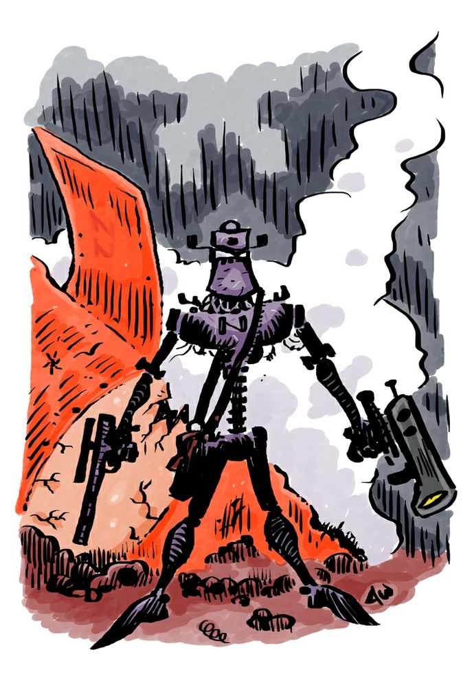 Color drawing of a robot with guns and a crashed ship