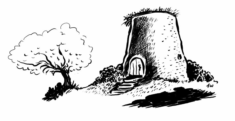 Ink drawing. Small stone tower. Steps. Tree.