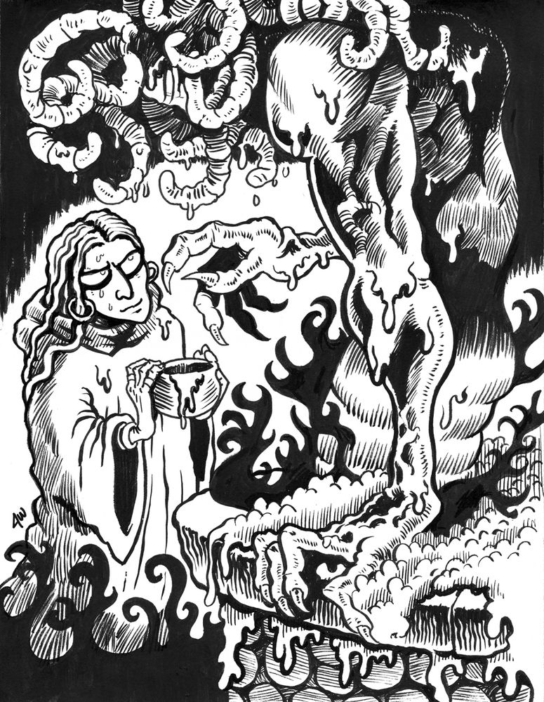 Ink drawing of a wormy haired demon crawling out of a well. A sweaty cultist is summoning it. Drew this for Million Colored Sun.