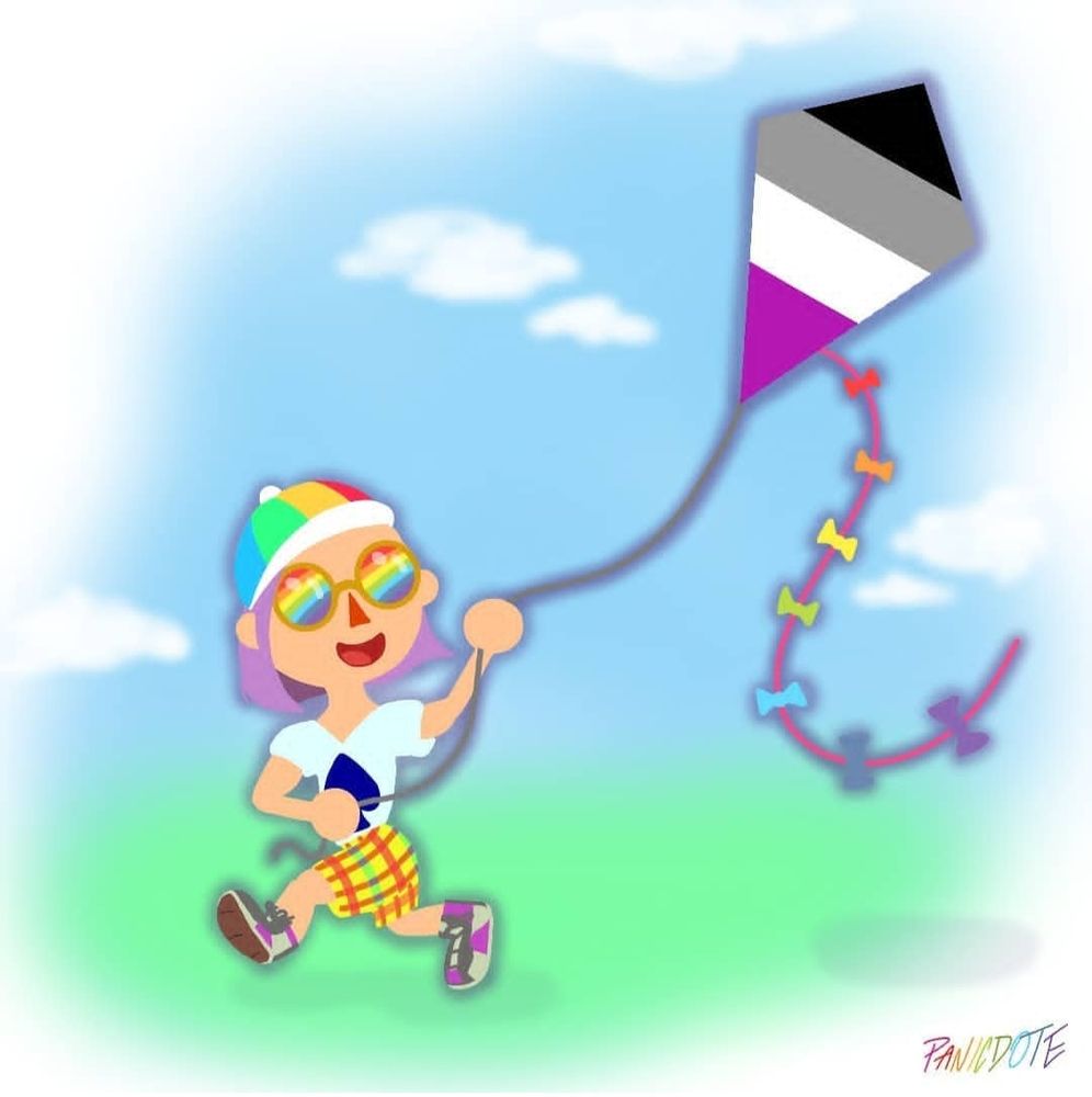 An illustration of an Animal Crossing villager flying a kite. The kite is in the colors of the Asexual flag: stripes of black, gray, white, and purple. It has a tail with rainbow ribbons trailing behind. The purple-haired villager is smiling and wearing a rainbow hat, shorts, and sunglasses. Their shirt is light blue with the ace spade. They are running in a field with a blue sky and some fluffy clouds. The illustration is signed by Panicdote.