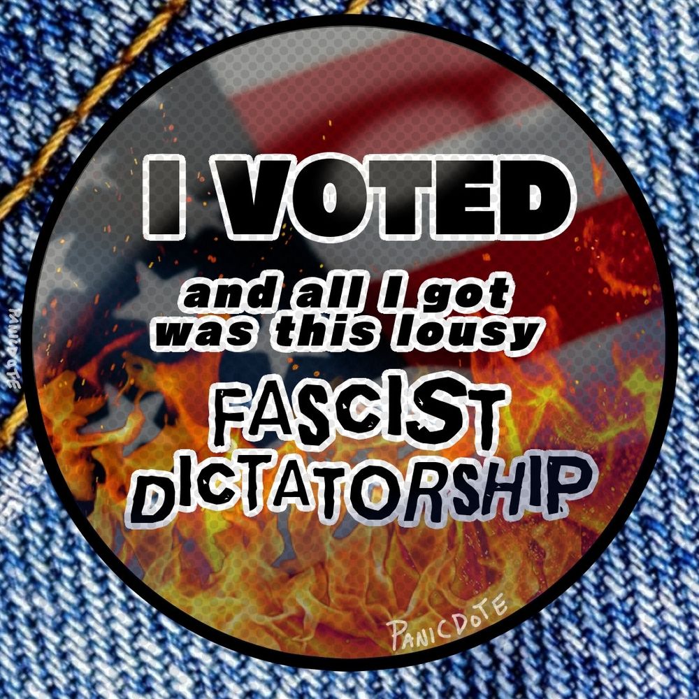 Artwork signed by Panicdote. Art is a closeup image of an "I voted" sticker affixed to a denim jacket. The sticker reads, "I VOTED and all I got was this lousy FASCIST DICTATORSHIP." The background of the sticker is an American flag aflame. The piece is signed by Panicdote. 