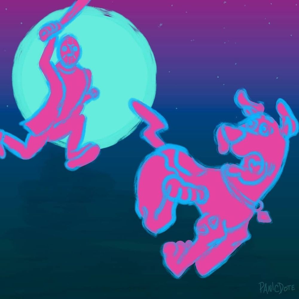 An illustration of Scooby Doo being chased by Jason from Friday the 13th. The art is done with frantic messy line work in psychedelic shades of pink, blue, and teal. Scooby is running with a terrified expression, looking back at Jason who is running in a cartoonist manner and waving a machete over his head. The background is a purple-navy gradient suggesting a night sky, with a full moon behind Jason low in the sky.