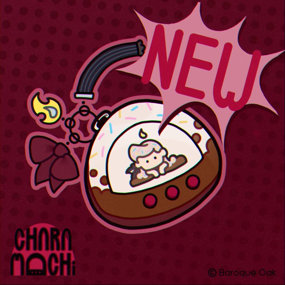 Digital art stylised to look like retro toy advertisement, showcasing cirtual pet toy modeled after Shugar Candle. The text on the image reads: New! Chara Mochi."