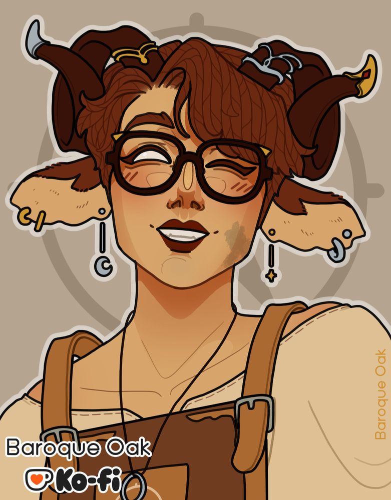 Portrait of Puffy (@isabeladuffles.bsky.social) showing energetic tiefling smiling at a viewer.