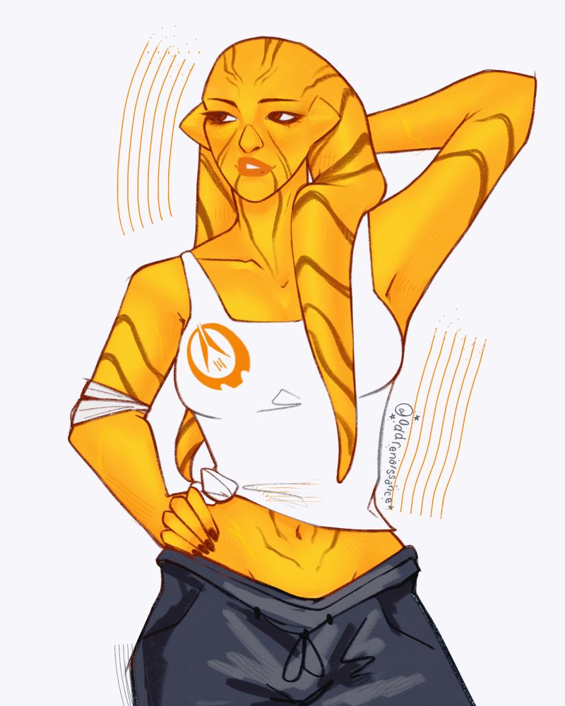 a scribbly, unfinished piece of a yellow twi’lek wearing a havoc squad tank top