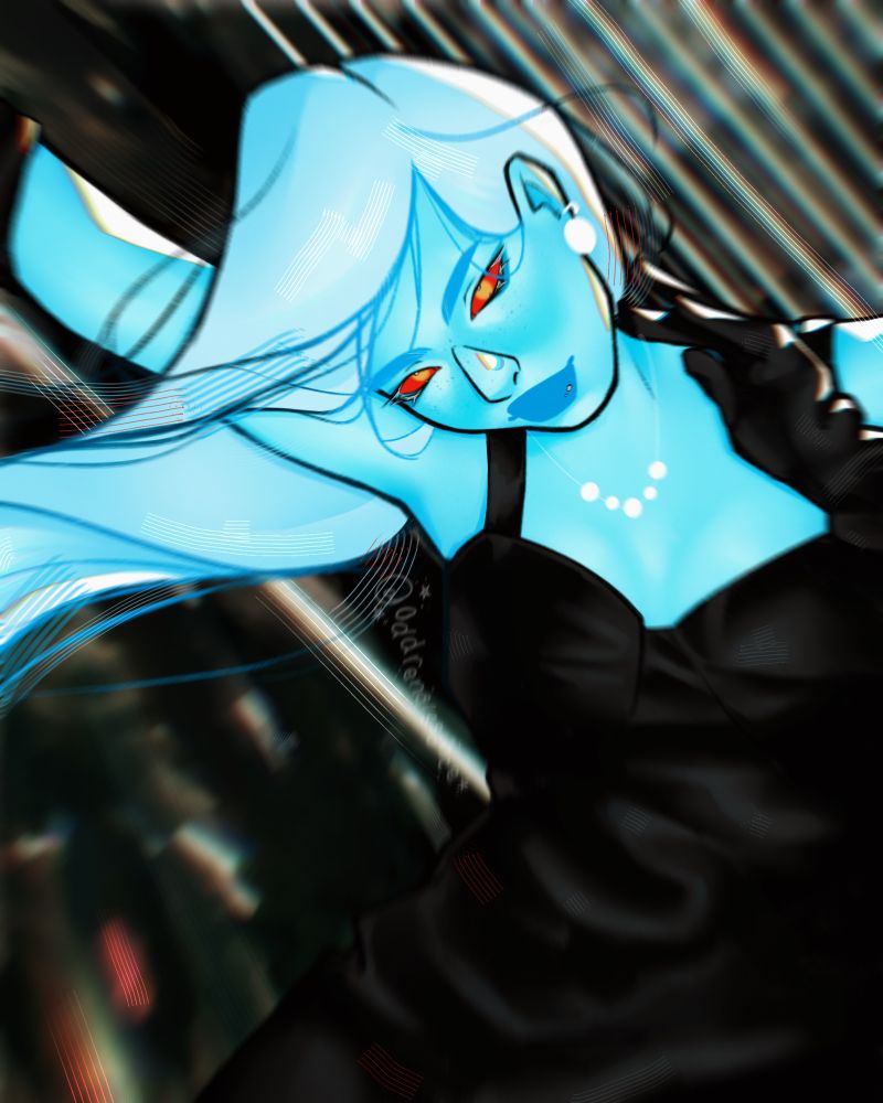 rialla (chiss) hanging off of a railing in mek-sha looking at the viewer.