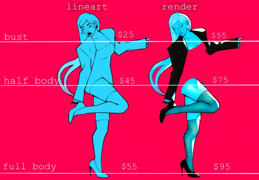 a reference sheet of rialla showing the types and prices of different commissions.

lineart;
bust, 25
half body, 45
full body, 55

render;
bust, 55
half body, 75
full body, 95