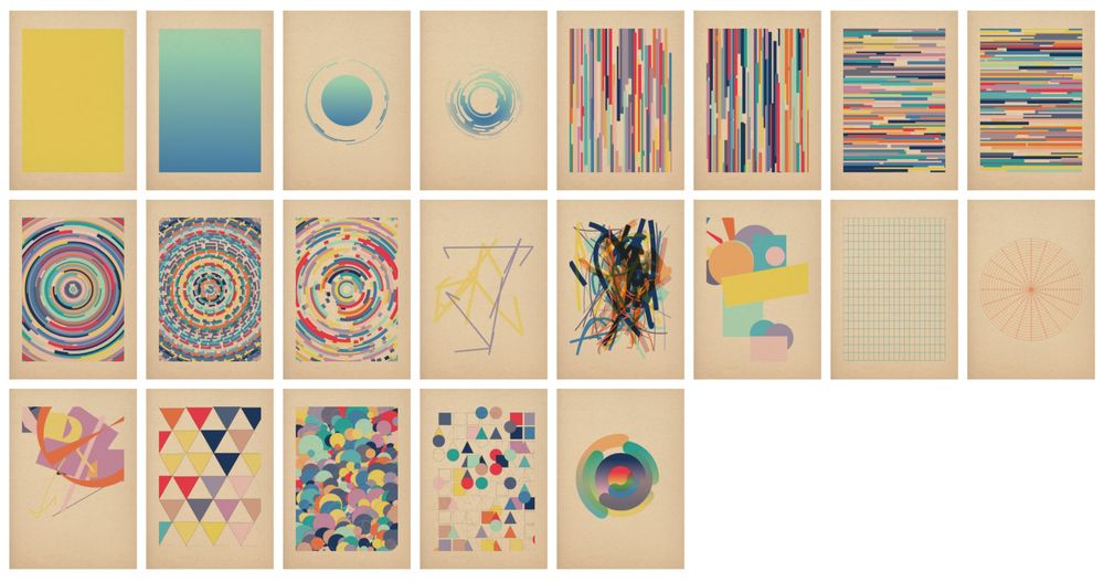 A grid of generative art pieces all using the same palette