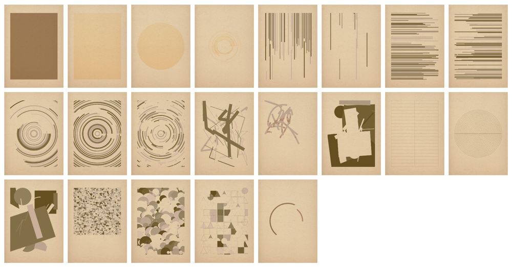 A grid of generative art pieces all using the same palette