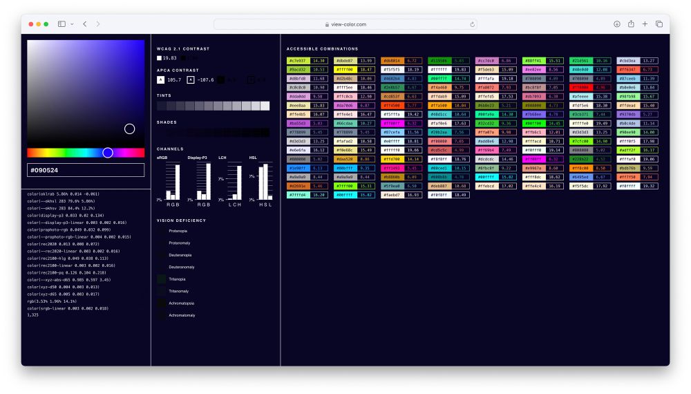 Vision of a color dashboard with a color picker that has graphs and stats about a color 