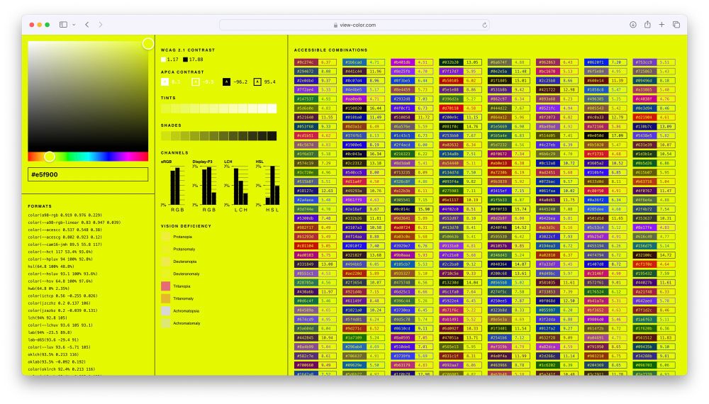 Screenshot of a browser window showing a color component that documents channels, stats, and heuristics about a color. 