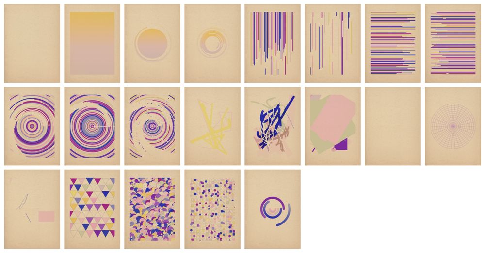 A grid of generative art pieces all using the same palette