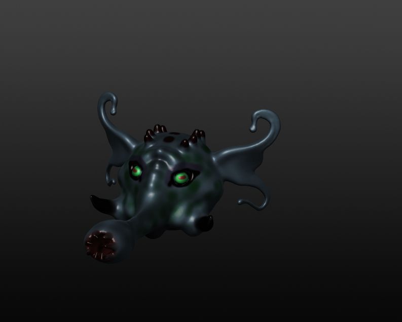 Sculpt of the lovecraftian and elephantine vampiric deity Chaugnur Faugn.  The tusks are more like the spider chelicerae and the trunk ends in a lamprey maw. 