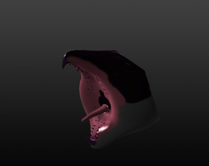 Ereshkigalraptor imperitrix open mouth showcasing goethite fiber reinforced beak, fangs, radula, and papillae denticles.  