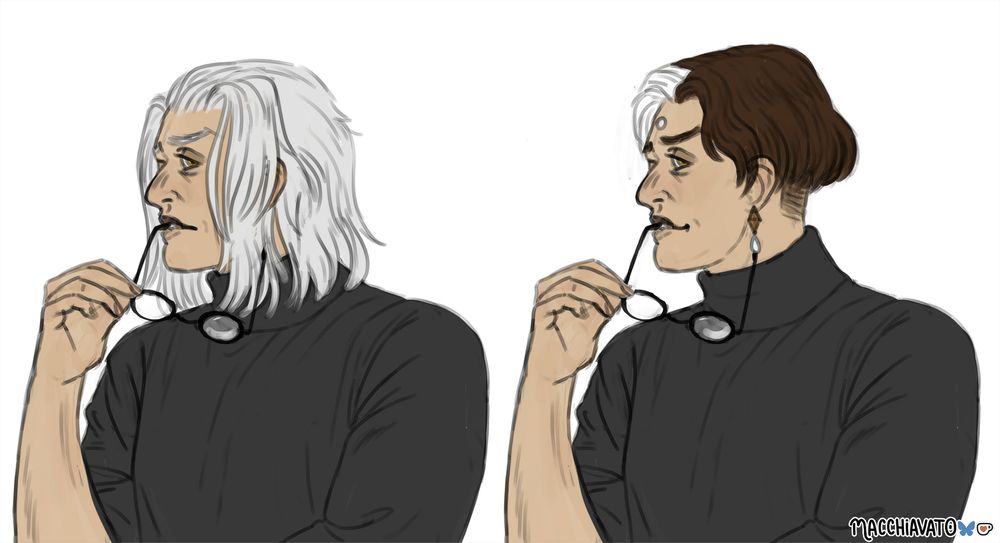 Two sketches of Emet-Selch in his original body and as Solus wearinga dark turtleneck and holding glasses in one hand.