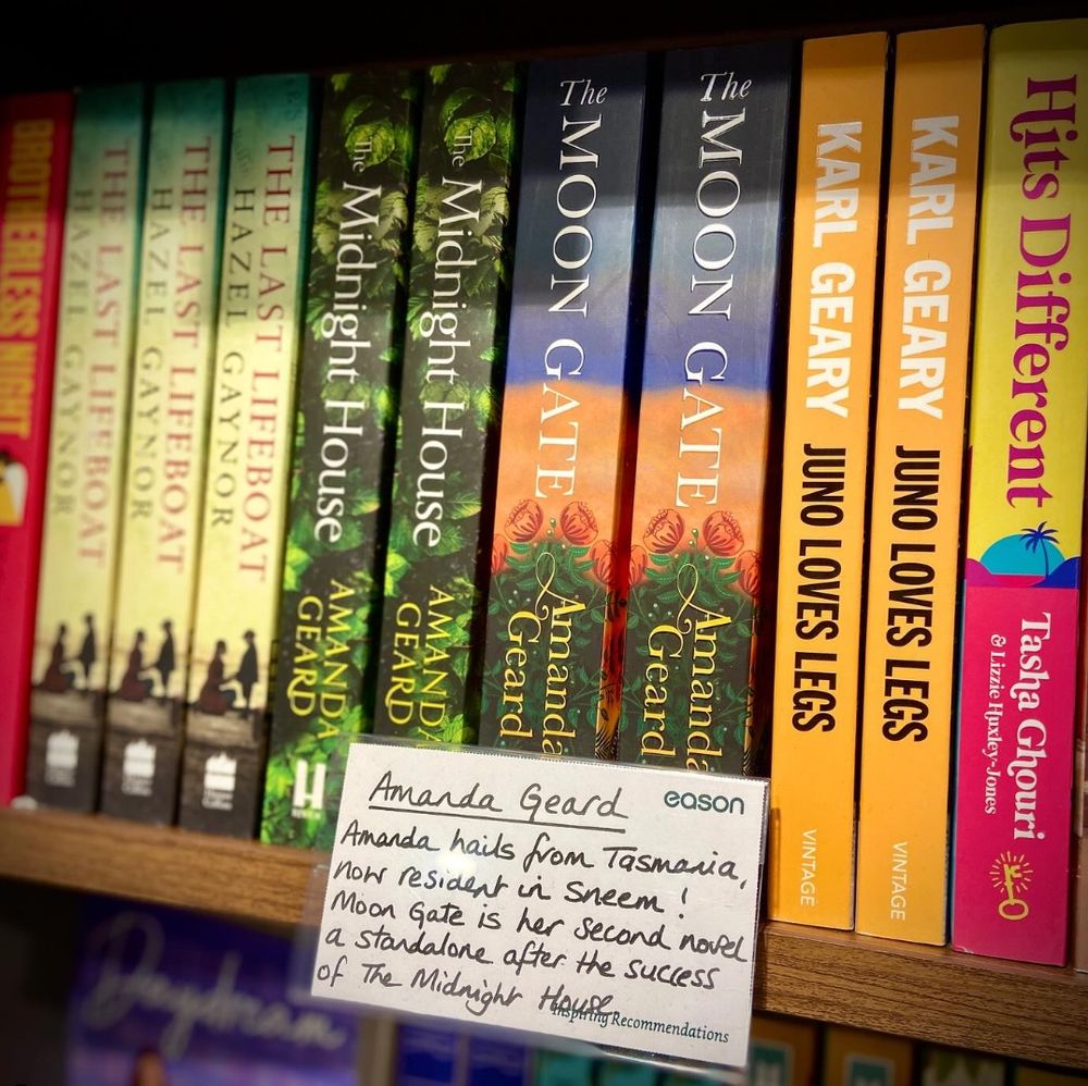 Text pinned to shelf in bookshop: Amanda hails from Tasmania, now resident in Sneem! The Moon Gate is her second novel, a standalone after the success of The Midnight House.