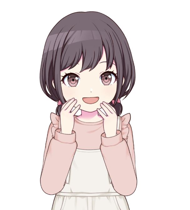 A picture of young Ena Shinonome's Live2D model. She is a child with dark brown hair and brown eyes. Her hair is tied into pigtails with pink ribbons. She wears a pink blouse and a beige jumper skirt. She's smiling with sparkling eyes.
