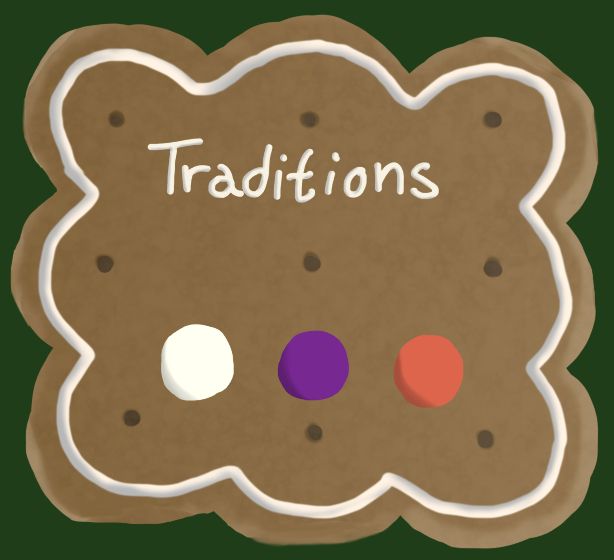The prompt underneath the icing of the cookie reads "Traditions" and the three colors are a warm white, bright purple, and muted red-orange