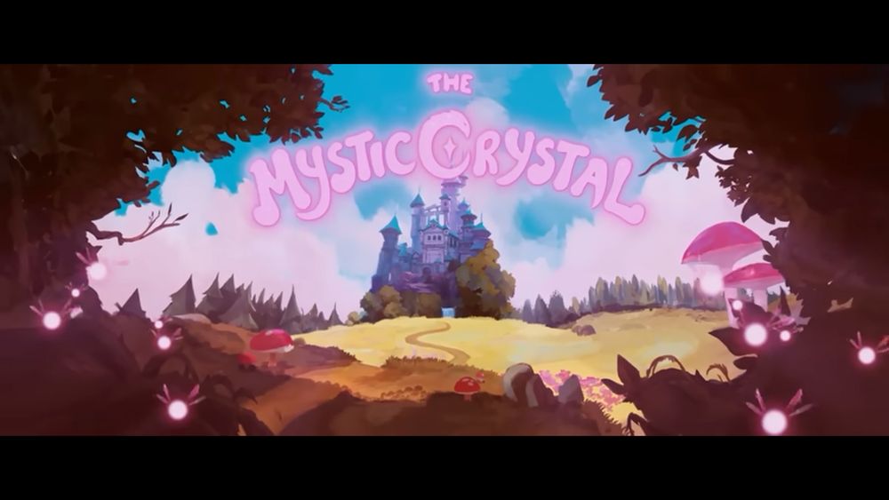 Screenshot: The opening title to Ninja Sex Party's 2021 music video for "The Mystic Crystal". The scenery is of a medieval fantasy landscape, with a castle in the background and glowing fairies floating in the trees and bushes of the forest.