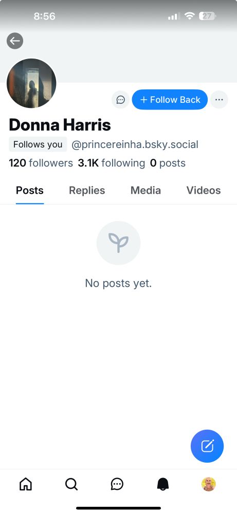 A screenshot of a profile of “Donna Harris”, following 3100 people, 120 followers, but no posts or anything. How? Fucking bots. 