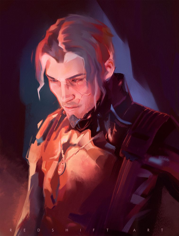 Digital portrait painting of Arthur Nightingale, a character from Warframe. The scene has dramatic lighting with a dark background and very bright red light on Arthur's face and chest. The overall atmosphere is calm and almost magical. There are blue strokes that contrast with the main colors and bring even more attention to the character's face.