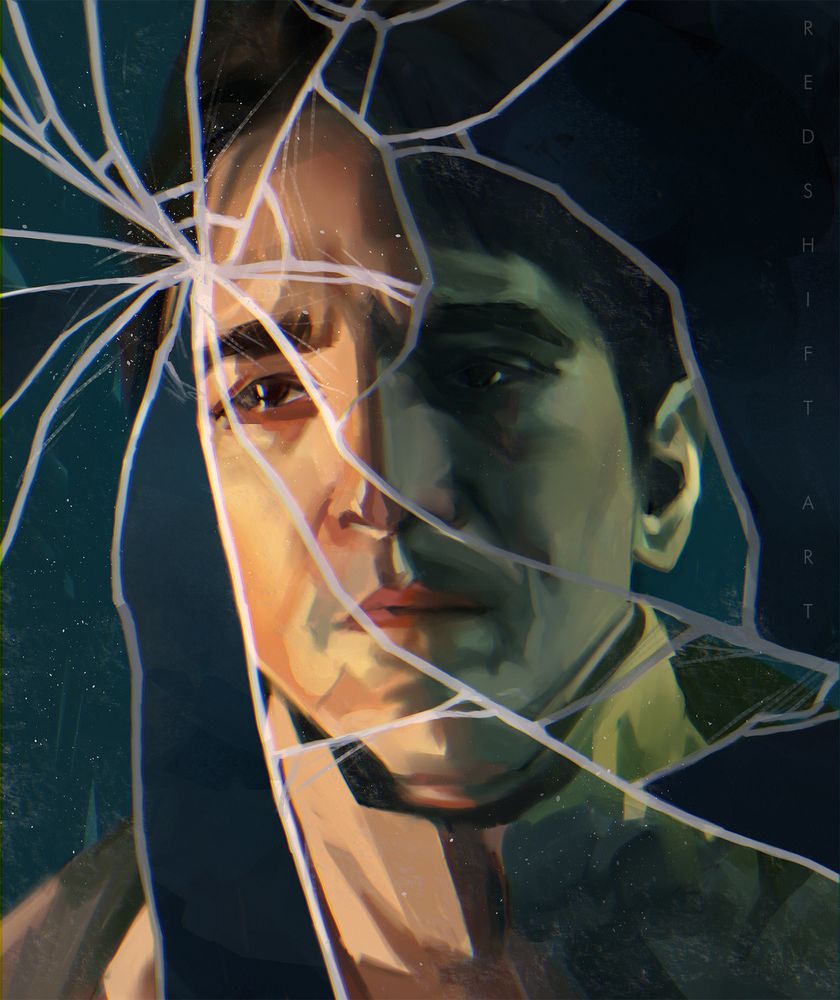 Digital portrait of David Dastmalchian as dr. Gurathin from Murderbot tv show. He's looking at himself in a broken mirror. Tears visible in his eyes. Color scheme is dark green with an accent warm light on his face.