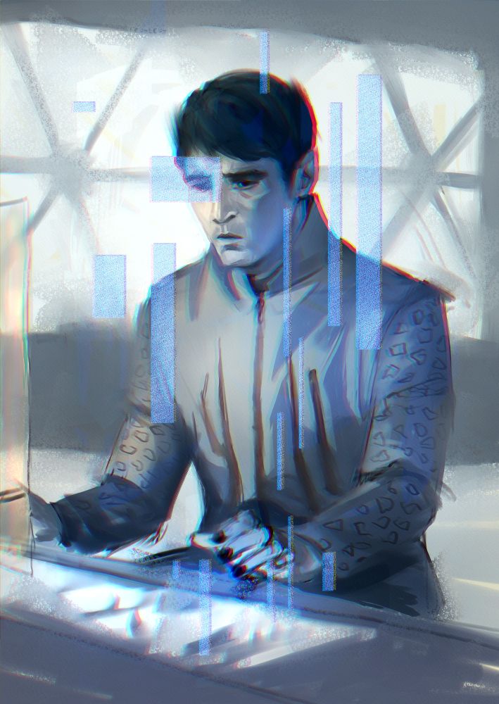 A light blue and grey sketch of dr. Gurathin sitting at his desk, looking slightly worried about something (probably Murderbot). The sketch has glitchy effects that emphasize how conflicted he is.