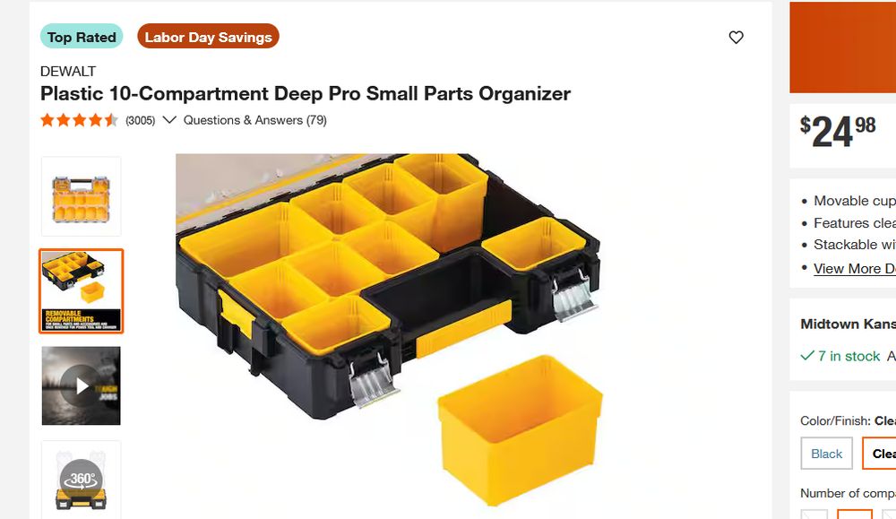 A picture of a Dewalt 10-Compartment Deep Pro small parts organizer. It's basically a black and yellow storage contain with like, 10 different sized yellow containers that fit in the box. Perfect for piece storage.