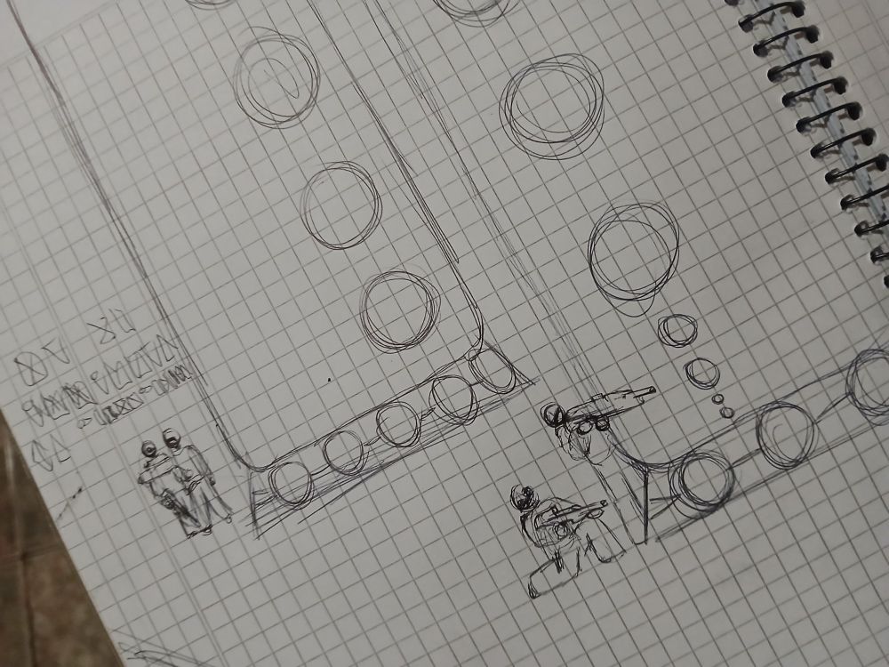 Two big cilindrical containers, behind each are two soldiers, the closest pair appear to be discussing with guns at the ready, the furthest two appear to also be talking, though don't seem to be ready to fight