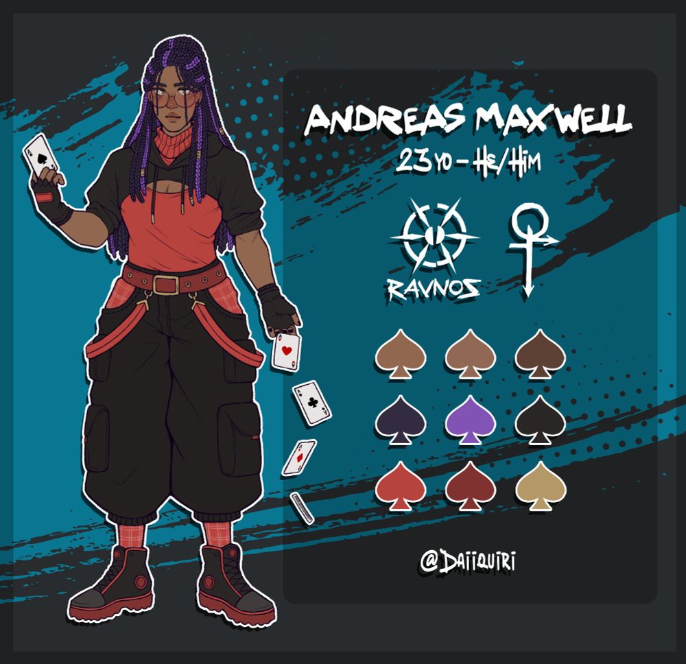 Andreas' reference sheet. His name is Andreas Maxwell, he is 23 years old, his pronouns are he/him and he belongs to clan ravnos and the anarchs.