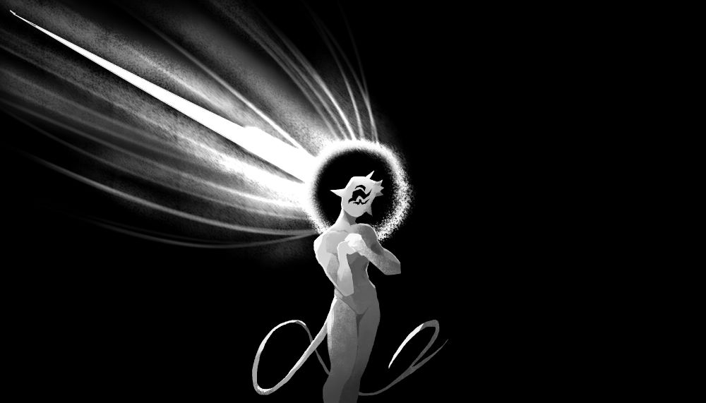 a digital drawing of a white humanoid character with a long tail standing against a pitch black background, their hands clasped together in front of their chest. the character's face is featureless save for a few black squiggly shapes. the nucleus of a stylized comet is centered behind their tilted head.