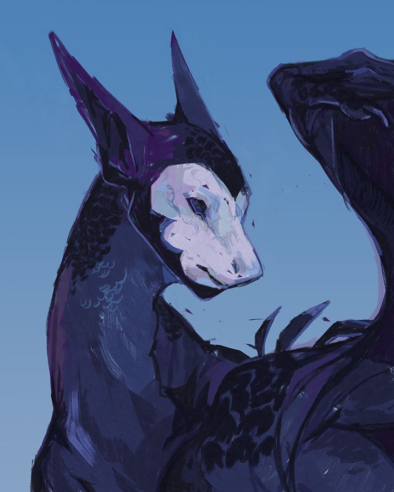 a digital bust painting of a dark purple, hornless dragon with a pale face and long, pointy ears