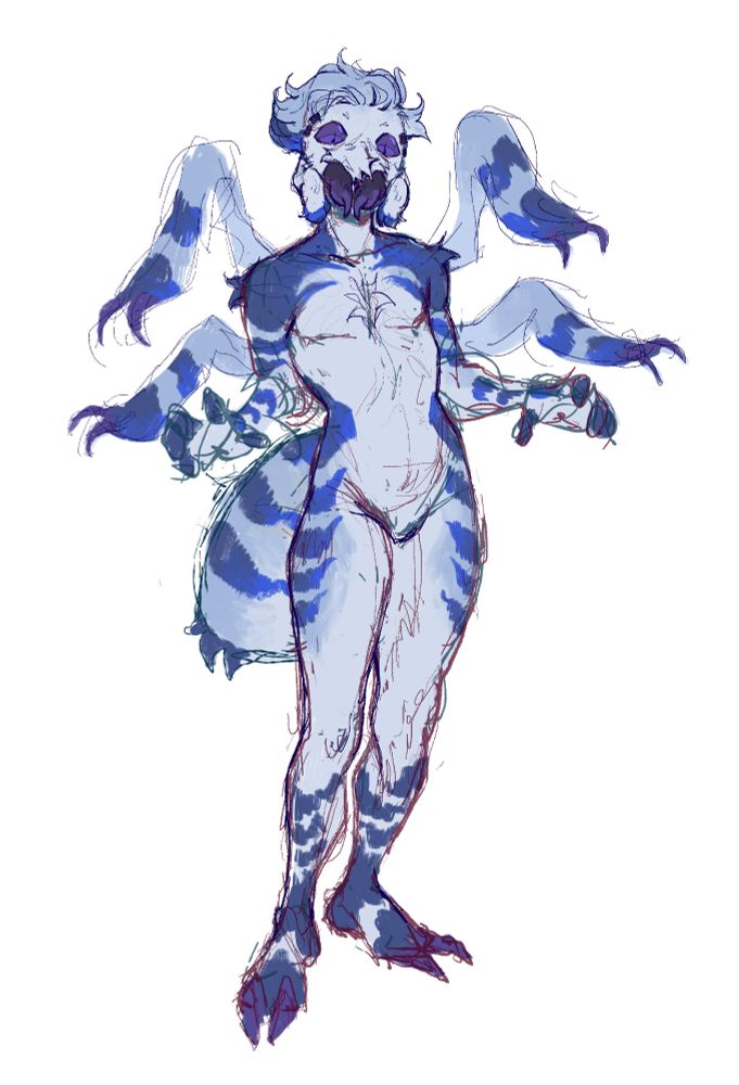 a digital sketch of an anthro spider with blue stripes
