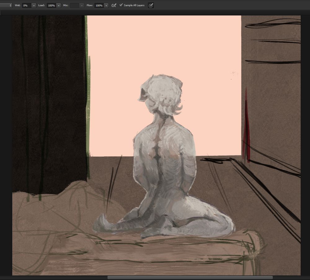 a work in progress screenshot of a digital painting featuring a pale anthro canine character, kneeling on a bed in front of a window. their back is to the viewer.