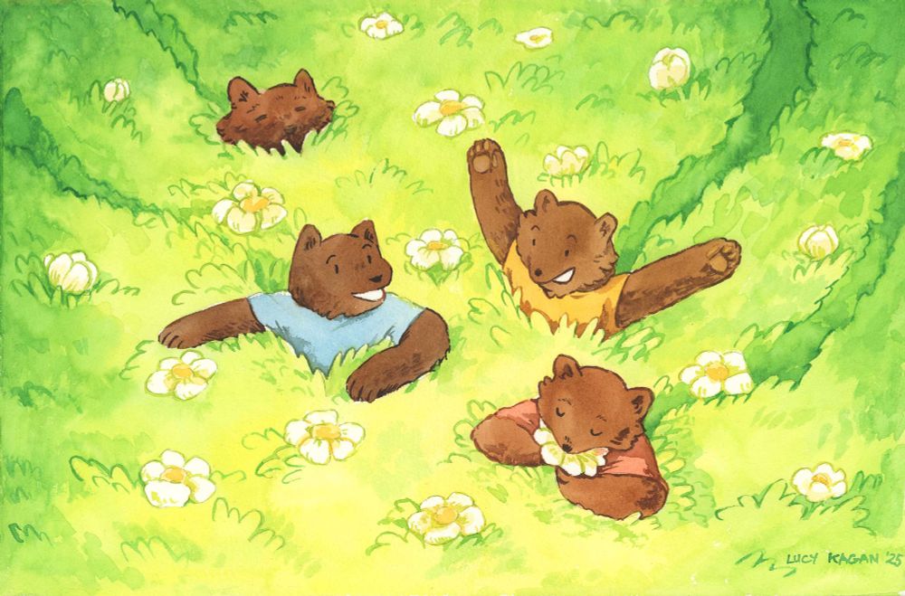 A watercolor illustration: Four young bear cubs frolic through a meadow full of tall grass, dotted with big white flowers. You can see the path that each has carved to get to where they are, one just arriving towards the others at the center, one throwing up their hands in delight, one taking a long peaceful smell of a flower, and one up to their neck in the grass, seemingly just basking. 