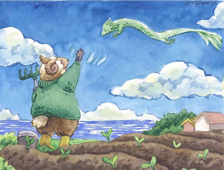 A watercolor illustration: Against a big blue sky full of fluffy clouds, a sheep waves to a passing dragon, who smiles back, flying in the distance. The sheep wears a thick knit teal sweater, with brown trousers tucked into yellow boots, holding a rake. They stand in front of rows of sprouting vegetables, uphill of some distant houses and trees, and the blue sea is visible even further. 