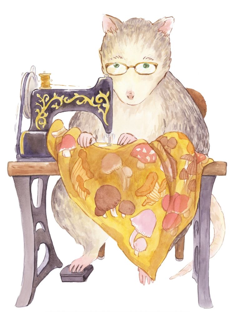 Watercolor illustration of a possum at a vintage sewing machine, reading glasses on, while she sews a mushroom print yellow fabric with great focus.