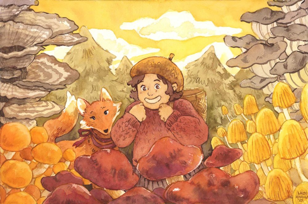 A watercolor illustration: A young girl in an acorn-shaped hat, knit sweater, and basket back-pack looks gleefully at a huge assortment of mushrooms she’s just found, which make up the whole bottom, right, and left borders of the image. Her fox companion looks on curiously, a red ribbon around its neck. The mushrooms are all edible types: turkey tail, nameko, wine cap, enoki, and oyster mushrooms. In the background, fir trees appear yellowish against a yellow early sunset sky.