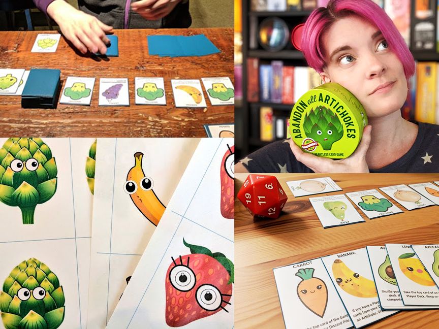 Four photos - several of early Abandon All Artichokes board game prototype, vegetables with cartoon eyes. One of person with pink hair holding the published copy of Abandon All Artichokes in front of shelves of board games.