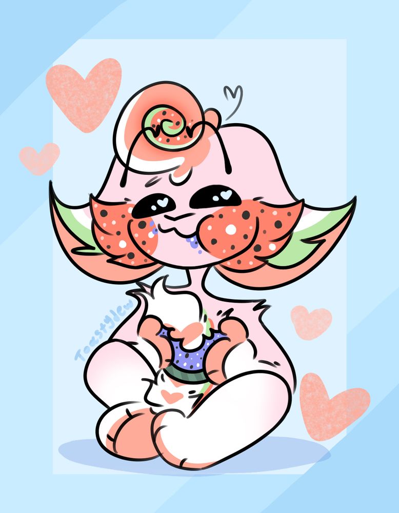 Creature with cute floppy eats sitting cutely as he eats a juicy blue watermelon-like fruit