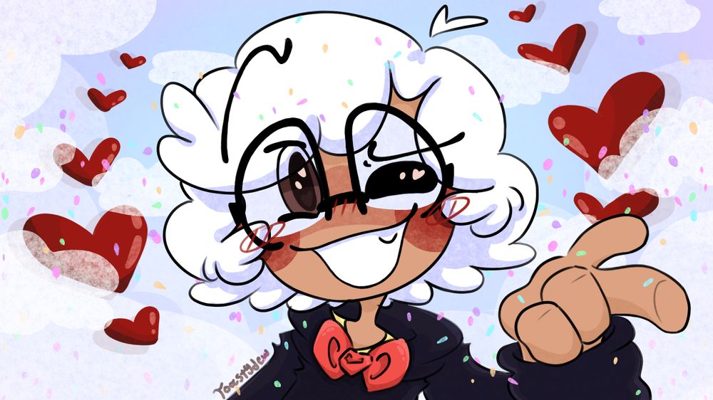Clouds and hearts in the background while my human sona stares towards you, winking. 