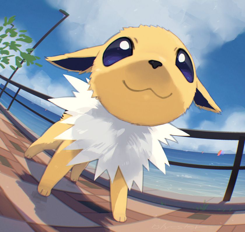 A digital painting of a jolteon walking along the beach under blue sky.