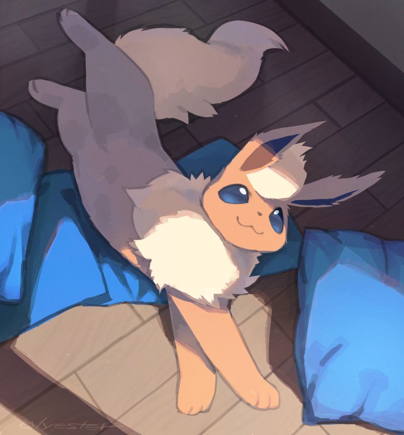 Flareon stretching on the floor, in the shape of the letter F