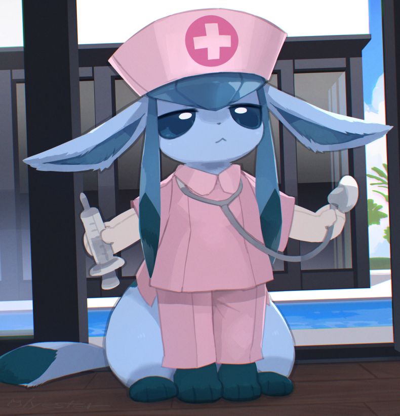 A glaceon dressed in a nurse's costume. she looks a little unhappy. Be careful not to get injected!