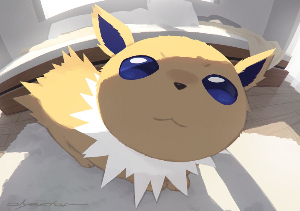 In the morning sun, Jolteon looking up at me