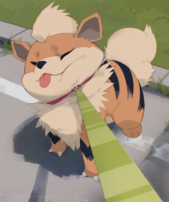 A digital painting of a growlithe that does not want to move from its spot during a walk.