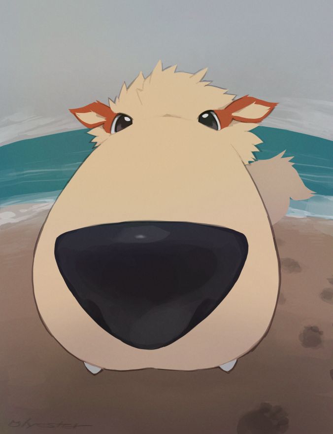 A digital painting of a situation with a arcanine at close range on the beach.